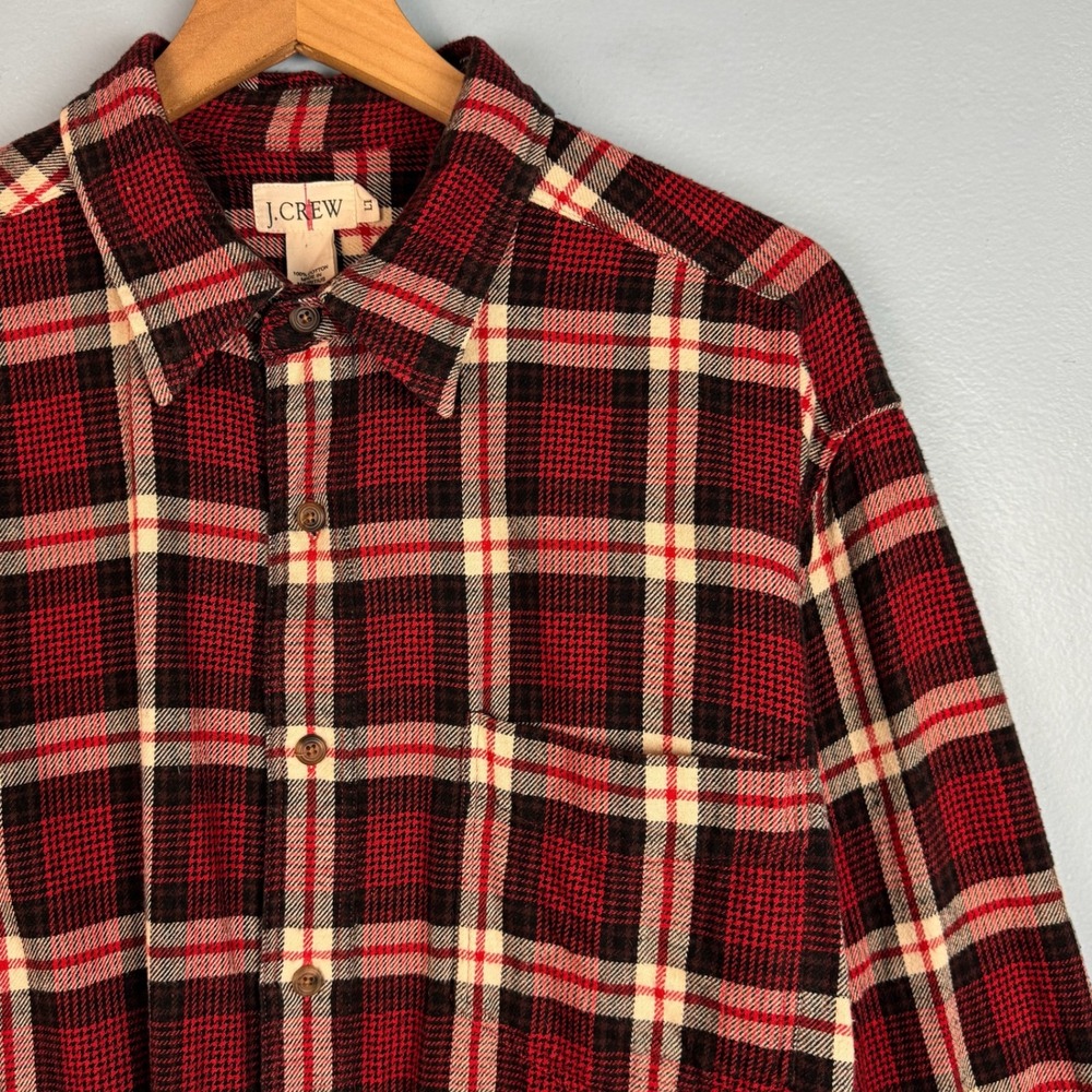 J. Crew Oarsman Flannel Shirt Men Large Tall Red Tan Plaid Long Sleeve Button Up